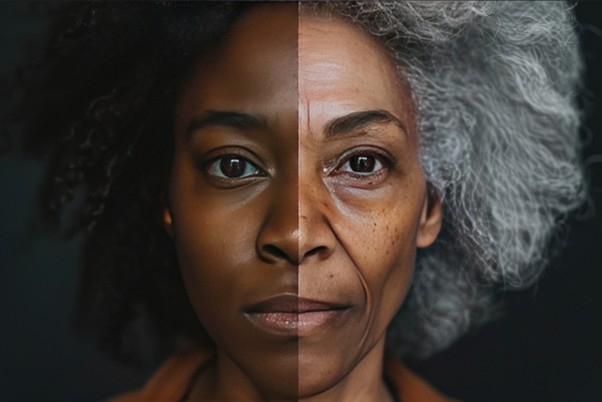 Lady of colour split into 2 images of an older and your version