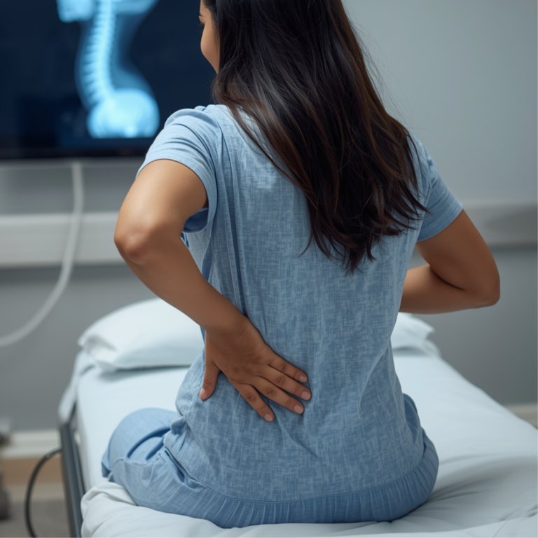Lady on a medical bed, supporting her back with a clear scan in the background.