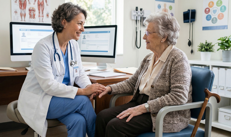 Older lady getting reassurance in a medical appointment from a female doctor